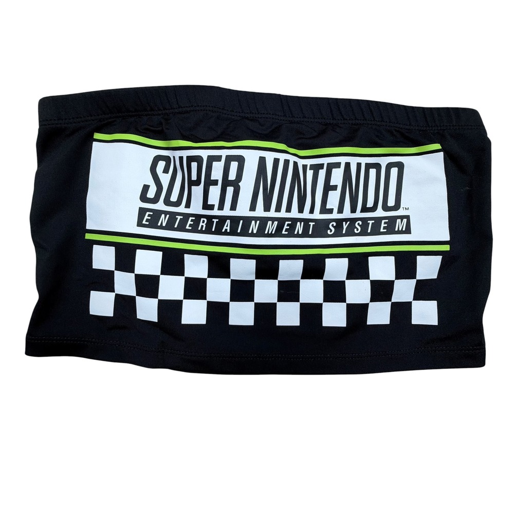 Nintendo Tube Top Women Small Black SNES Logo Checkered Retro Gaming Crop